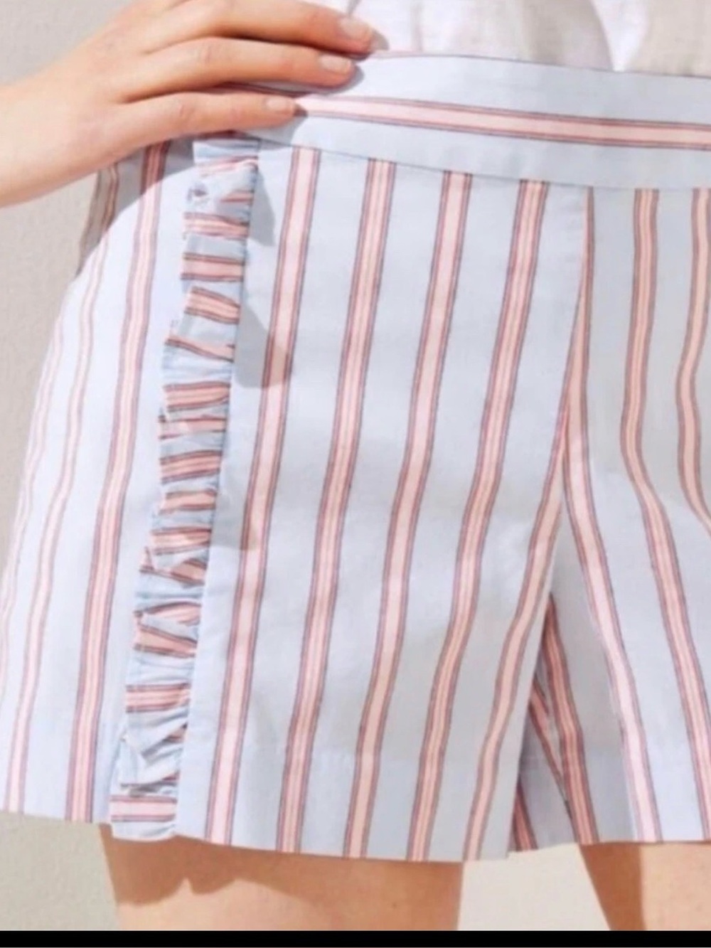 LOFT Blue & Coral Red Pinstripe Tailored Shorts with Front Ruffles
